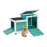Relaxdays Tannenholz Kaninchenhaus, für Hase, Meerschweinchen, draußen & drinnen, Kleintierhaus, HBT: 42 x 34 x 62 cm, türkis/weiß, Fichtenholz, Filz, 1 Stück
