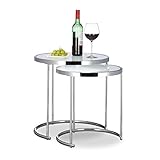 Relaxdays Satztische rund, Chromgestell, 2er Set, modernes Design - Milchglas, Couchtisch Metall, Beistelltische, silber, 50 x 50 x 51 cm