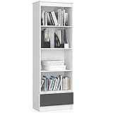 AKORD Büro-Bücherregal 60 cm 1 Schublade 4 Regale | Möbel Stehen für Dokumente Bücher für EIN Schlafzimmer Arbeitszimmer Wohnzimmer Schrank | 60x35x180 | Farbe Weiß/Graphitgrau