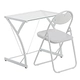 Harbour Housewares 2pc Weiss/Weiss Schreibtisch- und Stuhlset mit Glasplatte - 80cm x 50cm x 71cm Klein Heim Büro Schlafzimmer Computerspiele Lernen Tisch