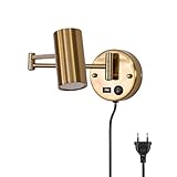 WRMING LED Wandleuchte mit Schalter und Stecker, 7W Langer Arm Wandlampe mit USB Ladefunktion, Drehen & Faltbar Wand-Leselampen mit 1,5M Kabel, Gold