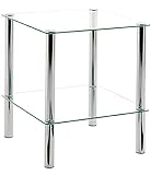 Haku Möbel Beistelltisch eckig - verchromtes Stahlrohr 2 Ablagen Sichterheitsglas H 47 cm, Silber