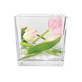 TREND FOR HOME Vase Klein 12.5 cm Mini Vase Tischdeko Hochzeit Blumenvase Frühlingsdeko Kerzenhalter Viereckig Quadratische Glasvase Teelichtglas Cube Deko Wohnzimmer Transparent | Ø 13 cm | Cassia