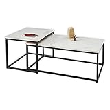 Stella Trading KENO Beistelltisch 2er Set Marmor weiß mit schwarzem Metallgestell - Stilvolles Couchtisch Set mit hochwertigen Marmorplatten - 100 x 50 x 35 cm (B/H/T)