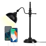 JCPYIUL Schreibtischlampe mit 2 USB-Ladeanschluss Schwarz Metall Tischlampe Industrielle Stehlampe Rustikale Moderne Vintage Arbeitslampe für Schlafzimmer Büro Wohnzimmer (B)