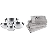 WMF Gourmet Schüsselset 4-teilig, Edelstahl Schüsseln für die Küche 0,75l - 2,75l, Rührschüssel, Salatschüssel, Servierschüssel & Küchenhandtuch-Set, 3-teilig, Handtuch, Geschirrhandtuch, Baumwolle