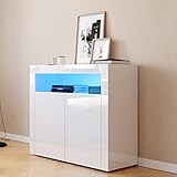 SUNXURY Küchenschrank Sideboard Weiss Hochglanz,2 Türen Griffloses Design Kommode mit LED für Flur Schlafzimmer Küche 108x92x40cm(B/H/T)