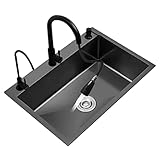 Küchen Edelstahlspüle Mit Wasserhahn-Ablaufgarnitur Einzelbeckenspüle Mit Großem Fassungsvermögen Küchenbarspüle Über Und Unter Dem Aufsatzbecken Gemüsebecken Küchenspülen ( Color : Schwarz , S : 72*4
