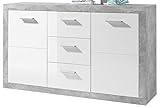 STONE Sideboard in Beton Optik, Weiß Hochglanz - Moderne Kommode mit Schubladen und viel Stauraum - 147 x 89 x 37 cm (B/H/T)