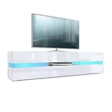 Vladon Lowboard Flow, TV-Kommode mit Ambient Light Verglasung mit 2 Türen, 1 Schublade und 1 Klappe, Weiß Hochglanz/Weiß Hochglanz, inkl. LED-Beleuchtung (177 x 45 x 39 cm)