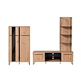 Homestyle4u 2215, Wohnwand Modern Industrial Style Holz Eiche Schwarz Wohnzimmer 3 Teilig Schrankwand Anbauwand Komplett-Set