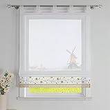 CORLIF Raffrollo mit Schlaufen Modern Raffgardine Küche Schlaufenrollo Leinenoptik mit Blumen Stickerei Transparente Rollo Landhaus Kurz Fenster Schal B/H 140/150 cm Sand