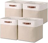 Mangata Stoff Aufbewahrungswürfel 4er Set, 30x30x30cm Aufbewahrungskorb für Schlafzimmer, Bastelzimmer, Kinderzimmer ▏ Khaki&Weiß