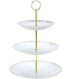 Etagere Servierständer mit 3 Ebenen für Gebäck, Obst oder Pralinen, rund Keramik - weiß mit goldenem Rand, Platten Größen: 16, 20 und 24 cm
