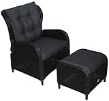 KMH Polyrattan Relaxsessel der Serie Katharina schwarz inklusive Auflage und Fußhocker - verstellbare Gartenmöbel mit Sitzkissen - Loungesessel aus schwarzem Polyrattan und anthrazitfarbene Auflage