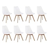 EGGREE 8er Set Esszimmerstühle mit Massivholz Buche Bein, Skandinavisch Design Gepolsterter Stuhl Küchenstuhl Holz, Weiß