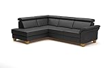 CAVADORE Leder-Eckcouch Ammerland mit Ottomane / Landhaus-Sofa mit Federkern + Kopfteilverstellung / 245 x 84 x 194 / Leder Schwarz