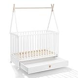 ATB MEBLE Babybett mit Schublade und Matratze Dreamy Kollektion - Beistellbett Baby aus Holz - Kinderbett - DREI Ebenen der Matratzenhöhe - Bett für Babyzimmer - Hausbett für Baby - Weiß