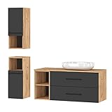 Planetmöbel Badmöbelset Waschtischunterschrank LUX 120 cm Gold Eiche/Anthrazit OHNE Waschbecken mit 2X Midischrank Gold Eiche/Anthrazit