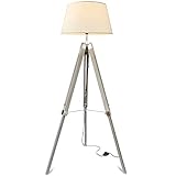 mojoliving® Stehlampe Wohnzimmer Schlafzimmer mit Stativ aus Holz - Vintage Deko Stehleuchte Tripod Lampe Leselampe Dreifuss Schirm Weiss, Stativ Braun