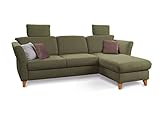 CAVADORE Schlafsofa Trend / Skandinavisches Ecksofa mit Federkern, Bettfunktion, Bettkasten im Longchair und 2 Kopfstützen / 249 x 86 x 162 / Cord, Olive