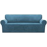Samt-Stretch-Sofabezug für 3 Kissen Couch Sofa Schonbezüge Couchhussen Möbelschutz Bezüge Weicher Dicker Plüsch Sicher mit Gummiband und Schaumstoff-Artikeln (Sofa 182,9 cm - 243,8 cm, Pfauenblau)