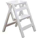 OHWODA Trittleitern, 2 Stufen, Leitern, Kleiner Hocker, zusammenklappbar, tragbar, Massivholz, für den Haushalt, Trittleiter, Regalleiter (weiß) (weiß) Everything is fine