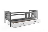 Einzelbett mit Bettkasten Giacomino 160 x 80, Bett für Kinder in Kiefer massiv, Matratze in Schwamm GRATIS. grau