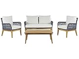 Beliani Garten Loungeset Akazienholz Hellbraun/blau 4-Sitzer Auflage cremeweiß Merano II