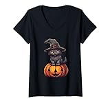 Damen Kürbis Katze Halloween Schwarz Katze Herren Kostüm Mädchen Katze Hexe T-Shirt mit V-Ausschnitt