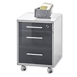 Stella Trading OFFICE LUX Rollcontainer abschließbar, grau mit graphit lackierter Glasfront - Mobiler Büroschrank mit 3 Schubladen - Modernes Büromöbel Komplettset - 40 x 56 x 40 cm (B/H/T)