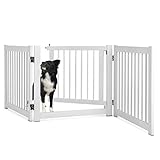 COSTWAY 3-teiliges Absperrgitter Hunde, Freistehendes Hundegitter mit Tür, 61cm hoch, Schutzgitter Holz, Treppengitter Kindergitter klappbar, Hundeabsperrgitter für Kamin & Treppe (Weiß)