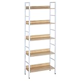 WOLTU Standregal Hochregal Bücherregal Metallregal Schuhregal Badregal Blumentreppe aus Holz und Stahl, mit 5 Ablagen, ca. 60 x 27,5 x 160 cm, Weiß + Hell Eiche RGB9303hei