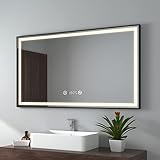 EMKE Badspiegel mit Beleuchtung 120x70cm Badspiegel Schwarzer Rand LED Badezimmerspiegel mit Touch, Antibeschlage, Uhr, Temperatur, Dimmbar, Memory-Funktion, Neutrale Beleuchtung Wandspiegel IP44