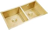 Küchenspülen, Golden Square Double Bowl Bar Prep Kitchen Sink, 304 Edelstahl, Einbau- Oder Unterbaumontage, Leicht Zu Reinigen,Gold,75 X 40 Cm,YUYANAIAI