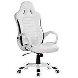 FineBuy Bürostuhl Gaming Weiß Chefsessel mit Armlehne gepolstert Sport-Sitz Drehstuhl Kopfstütze Race Schreibtischstuhl Gamer Design Modern Drehsessel mit Wippfunktion bis 120KG Leder-Optik