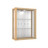 K-Möbel Hängevitrine in Buche (80x60x20 cm) mit 2 höhenverstellbaren Glasböden, Spiegel & LED - Modellauto Vitrine Buche - Vitrinenschrank Buche - Sammlervitrine - Glasvitrine Regal Glas Mini Vitrine