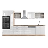 Vicco Küchenzeile Einbauküche Küchenschränke R-Line Eiche Küchenmöbel (Eiche-Weiß Hochglanz, MUS 350 cm)