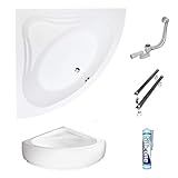 ECOLAM symmetrische Badewanne Eckwanne Mia 140x140 cm Modern Design Acryl weiß + Schürze Ablaufgarnitur Ab- und Überlauf Automatik Füße Silikon Komplett-Set