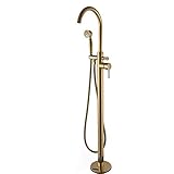 Zeitgenössischer freistehender Badewannen-Wasserhahn mit Kalt- und Warmwasser, glatter Griff, Bodenmontage, Messing, 2 Funktionen, Badewannen-Dusch-Mischbatterien mit Handbrause, Gold
