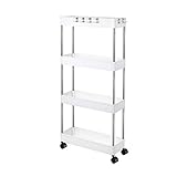 Olliwon Küchenrollwagen mit 4 Ebenen, Schmale Servierwagen auf Rollen, Bastelwagen aus Kunststoff mit Haken für Küche, Bad, Waschküche, Schlafzimmer, Büro, 40 * 12.5 * 86 cm, Weiß
