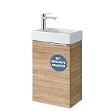 Planetmöbel Waschtischunterschrank mit Keramikwaschbecken 40cm in Sonoma Eiche mit Wasserhahn in Chrom, Badmöbel Set für Badezimmer, Gäste WC