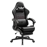 Dowinx Gaming Stuhl Bürostuhl Ergonomischer PC-Stuhl mit Massage Lendenwirbelstütze, Racing Stil PU Leder Hohe Rückenlehne Verstellbarer Drehsessel mit Fußstütze (Schwarz & Rot)