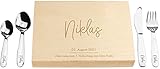 LAUBLUST Kinderbesteck mit Gravur - inkl. Personalisierte Geschenkbox aus Holz - Natur | Esslernbesteck Edelstahl, 4-tlg - Geschenk mit Namen - Erinnerung an Baby & Kinderzeit | Serie: Niers
