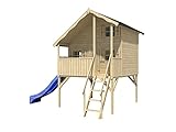 Belladoor Kinderspielhaus aus Holz Tom XL | 15 mm Wandstärke | Naturbelassen | B x T x H: 271 x 292 x 346 cm | Inkl. Rutsche Blau, Veranda und Stelzen