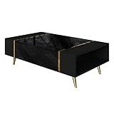 lukmebel Onyx Couchtisch Auf Goldenen Beinen Hoch Mit Hochglanz-Finish Unterthekenaufbewahrung Goldene Elemente Push-Open-Öffnungssystem Laminierte Platte 104x60x415 cm Schwarz