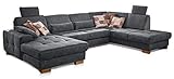 CAVADORE Wohnlandschaft Puccino mit Federkern, Bettfunktion, Sitztiefenverstellung und 2 Kopfstützen / Sofa in U-Form im Landhausstil / 340 x 86 x 224 cm / Mikrofaser grau