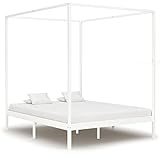 YuMeng Himmelbett-Gestell, Bett, Bettgestell, Jugendbett, Schlafzimmer Bett, Schlafzimmer Komplett, Bed Fram, Weiß Massivholz Kiefer 160 x 200 cm