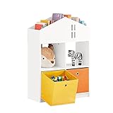 SoBuy KMB49-W Kinder Bücherregal mit Haus-Design Kinderregal mit 2 Stoffboxen Spielzeugregal Aufbewahrungsregal für Kinder Spielzeug-Organizer Weiß BHT ca.: 65x91x27cm