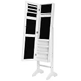 SONGMICS Schmuckschrank und Standspiegel zwei in einem, Lederimitat, weiß, 35,5 x 153 x 35 cm